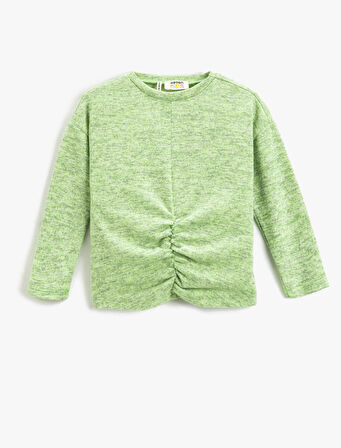 Crop Uzun Kollu Tişört Büzgülü Yumuşak Dokulu Yuvarlak Yaka