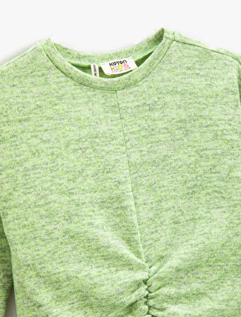 Crop Uzun Kollu Tişört Büzgülü Yumuşak Dokulu Yuvarlak Yaka