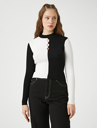 Triko Kazak Pencere Detaylı Renk Bloklu Uzun Kollu