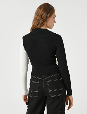 Triko Kazak Pencere Detaylı Renk Bloklu Uzun Kollu