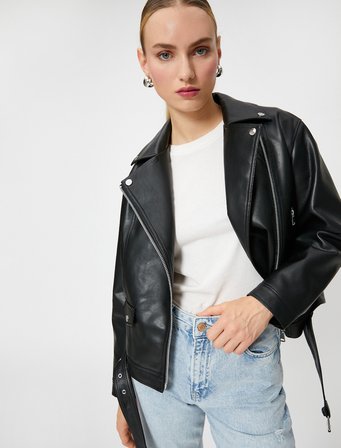 Oversize Biker Ceket Suni Deri Fermuarlı