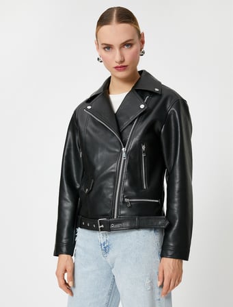Oversize Biker Ceket Suni Deri Fermuarlı