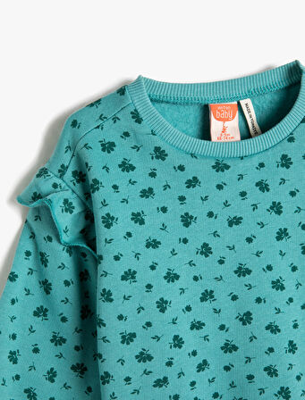 Sweat Fırfırlı Çiçekli Uzun Kollu Bisiklet Yaka Pamuklu