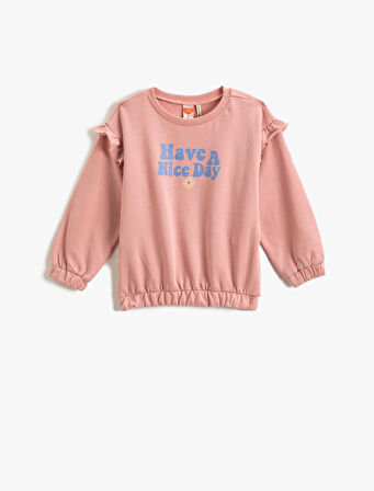 Fırfırlı Detaylı Baskılı Sweatshirt Manşetleri ve Beli Lastikli Uzun Kollu Bisiklet Yaka