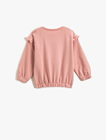Fırfırlı Detaylı Baskılı Sweatshirt Manşetleri ve Beli Lastikli Uzun Kollu Bisiklet Yaka