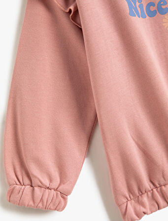 Fırfırlı Detaylı Baskılı Sweatshirt Manşetleri ve Beli Lastikli Uzun Kollu Bisiklet Yaka