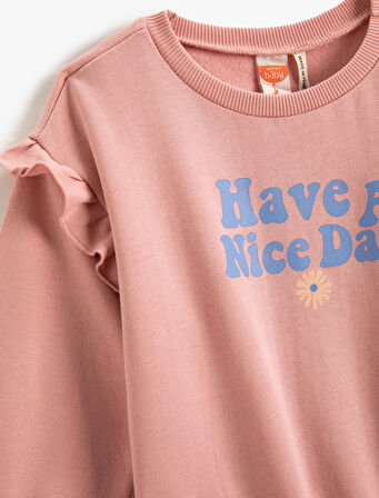 Fırfırlı Detaylı Baskılı Sweatshirt Manşetleri ve Beli Lastikli Uzun Kollu Bisiklet Yaka