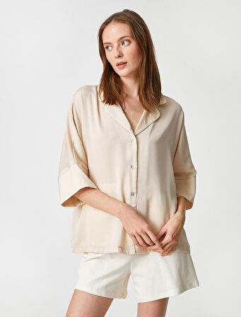 Saten Pijama Üstü Düğmeli Gömlek Yaka Kısa Kollu