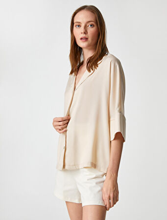 Saten Pijama Üstü Düğmeli Gömlek Yaka Kısa Kollu