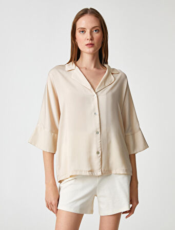 Saten Pijama Üstü Düğmeli Gömlek Yaka Kısa Kollu