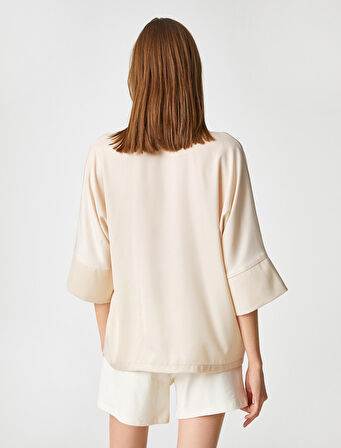 Saten Pijama Üstü Düğmeli Gömlek Yaka Kısa Kollu