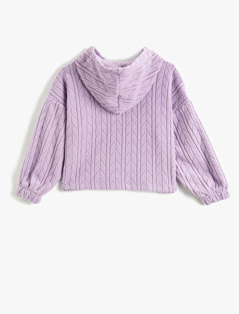 Crop Kapşonlu Basic Sweatshirt Dokulu Manşetleri Lastikli