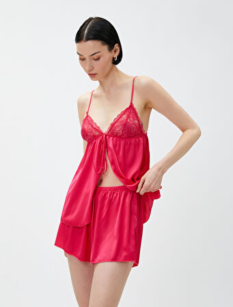 Saten Babydoll İnce Askılı Dantelli