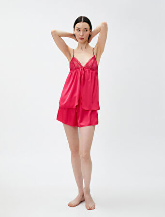 Saten Babydoll İnce Askılı Dantelli