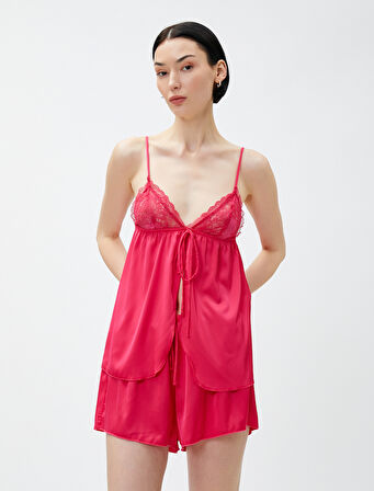 Saten Babydoll İnce Askılı Dantelli