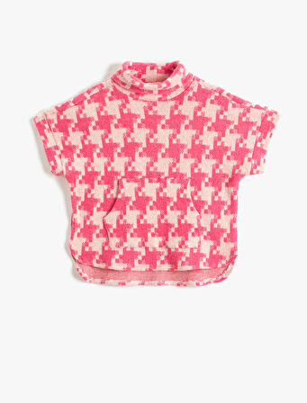 Kazayağı Desenli Boğazlı Panço Sweatshirt Kısa Kollu Yumuşak Dokulu