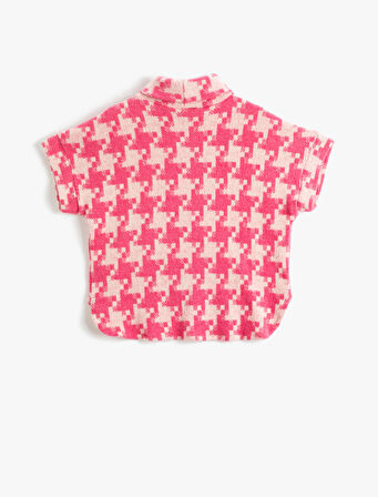 Kazayağı Desenli Boğazlı Panço Sweatshirt Kısa Kollu Yumuşak Dokulu