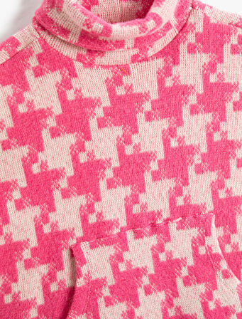 Kazayağı Desenli Boğazlı Panço Sweatshirt Kısa Kollu Yumuşak Dokulu