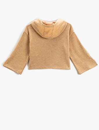 Basic Crop Kapşonlu Sweatshirt Yumuşak Dokulu Fitilli Geniş Kollu