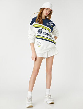 Şardonlu Kolej Sweatshirt Baskılı Bisiklet Yaka Uzun Kollu