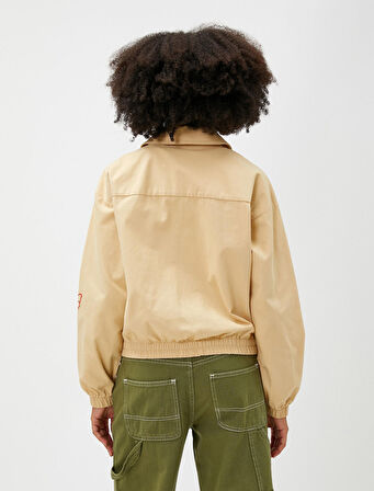 Bomber Ceket Fermuarlı Slogan İşlemeli Cep Detaylı Pamuklu