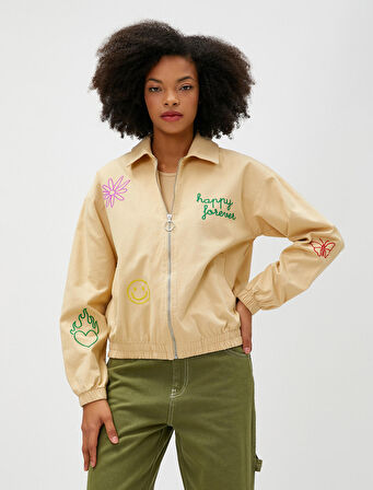 Bomber Ceket Fermuarlı Slogan İşlemeli Cep Detaylı Pamuklu