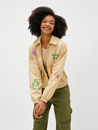 Bomber Ceket Fermuarlı Slogan İşlemeli Cep Detaylı Pamuklu