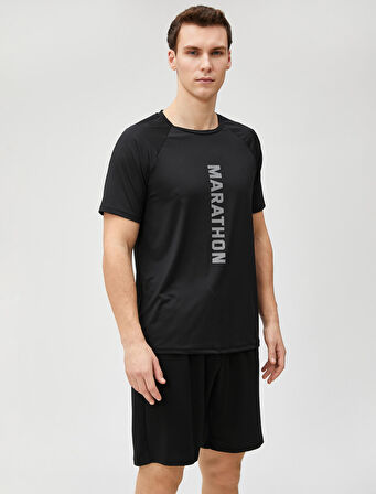 Spor Tişört Slogan Baskılı Bisiklet Yaka Reglan Kol
