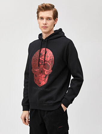 Kapşonlu Sweatshirt Kuru Kafa Baskılı Uzun Kollu