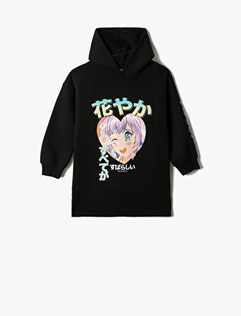 Sweat Elbise Animasyon Baskılı Kapşonlu Uzun Kollu