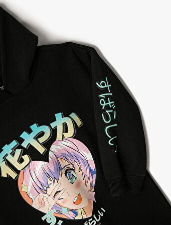 Sweat Elbise Animasyon Baskılı Kapşonlu Uzun Kollu