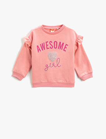 Fırfır Detaylı Baskılı Sweatshirt Yumuşak Dokulu Uzun Kollu Yuvarlak Yaka