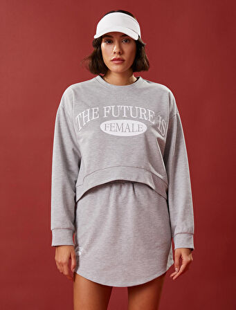 Crop Sweatshirt Baskılı Uzun Kollu Bisiklet Yaka Pamuklu