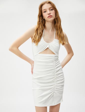 Mini Elbise Pencere Detaylı Drapeli Halter Yaka