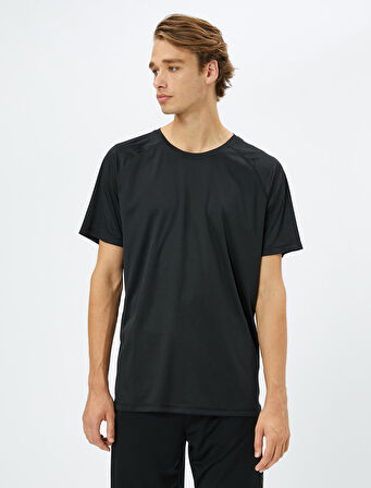 Basic Spor Tişört Reglan Kol Bisiklet Yaka Dokulu