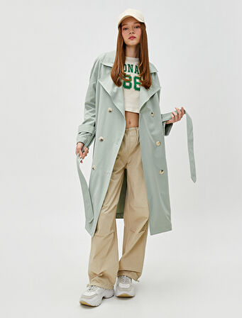 Midi Trençkot Kemer Detaylı Yumuşak Tuşeli Kruvaze Kapama