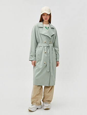 Midi Trençkot Kemer Detaylı Yumuşak Tuşeli Kruvaze Kapama