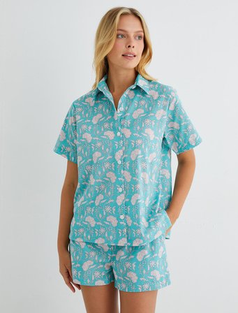 Pijama Üstü Kısa Kollu Gömlek Yaka Düğmeli Pamuklu