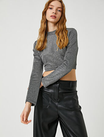 Crop Tişört Uzun Kollu Simli Arkası Fermuarlı Dik Yaka