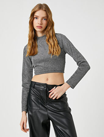 Crop Tişört Uzun Kollu Simli Arkası Fermuarlı Dik Yaka