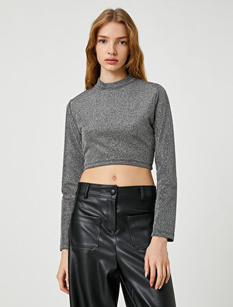 Crop Tişört Uzun Kollu Simli Arkası Fermuarlı Dik Yaka