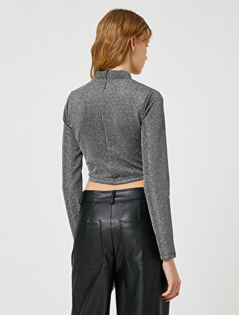 Crop Tişört Uzun Kollu Simli Arkası Fermuarlı Dik Yaka