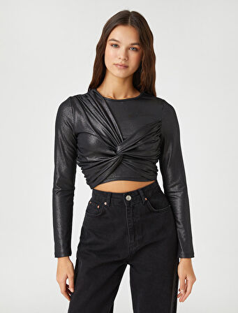 Uzun Kollu Tişört Crop Işıltılı Bisiklet Yaka Büzgü Detaylı