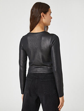 Uzun Kollu Tişört Crop Işıltılı Bisiklet Yaka Büzgü Detaylı