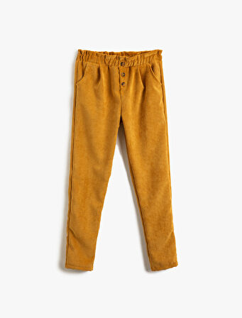 Fitilli Kadife Pantolon Yüksek Bel Düğme Detaylı Cepli