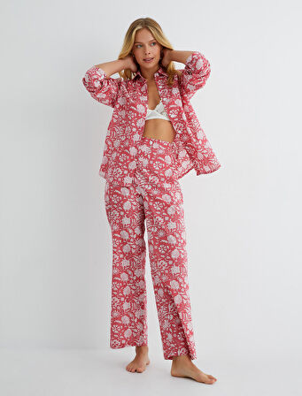 Pijama Üstü Uzun Kollu Gömlek Yaka Düğmeli Pamuklu