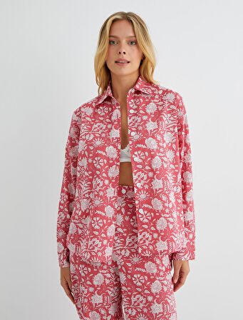 Pijama Üstü Uzun Kollu Gömlek Yaka Düğmeli Pamuklu