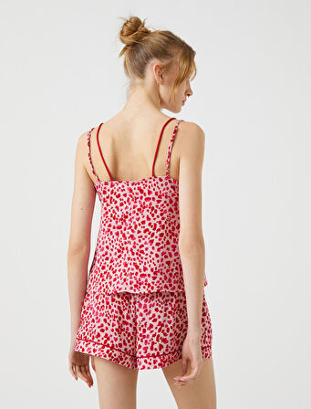 Pijama Üstü Kalp Baskılı İnce Askılı V Yaka