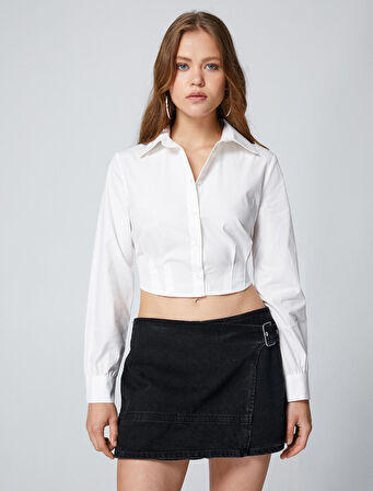 Crop Gömlek Korse Detaylı Uzun Kollu Manşet Yaka
