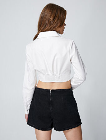 Crop Gömlek Korse Detaylı Uzun Kollu Manşet Yaka